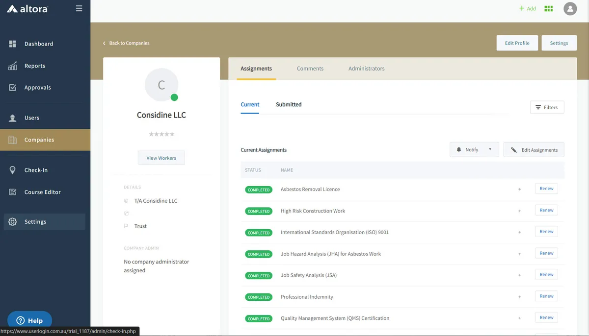 A screenshot of Altora's Contractor Management System