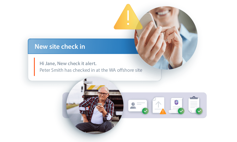 Screenshots of Altora’s functionality for attendance notification and compliance spot checks. Ideally suited to remote site inductions.